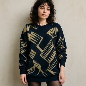 Vintage Ellen-D Kollection‎ USA Black Gold Abstract Geo Knit Sweater XL Oversize